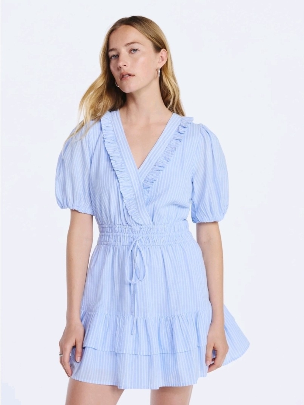 Striped Light Blue Ruffle V-Neck Asymmetrical Dress